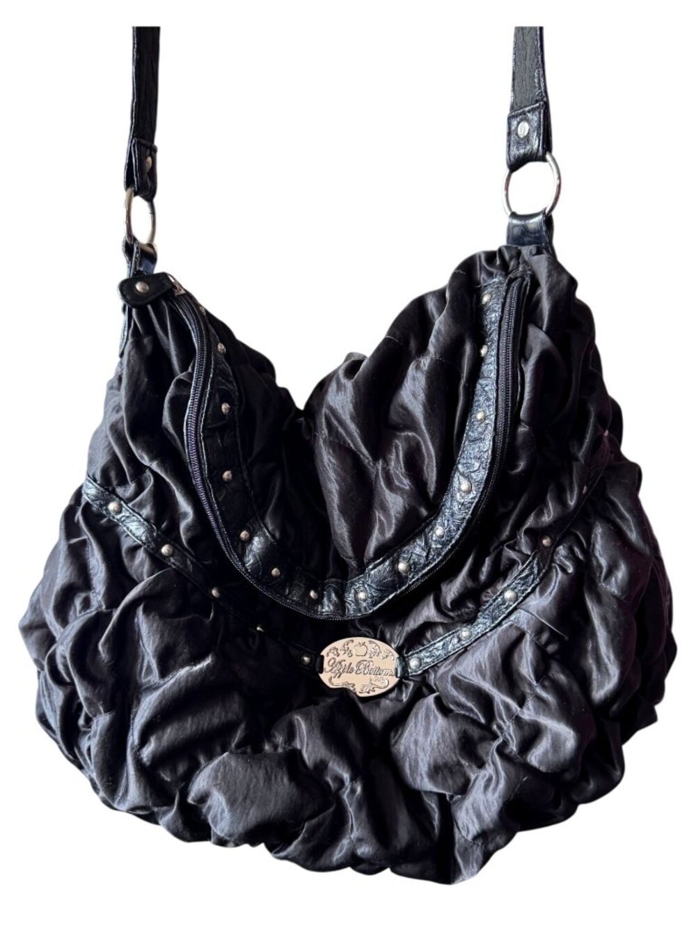 Apple Bottoms Black Ruffled Shoulder Bag Vintage Y2K Hobo Design With Metal Logo